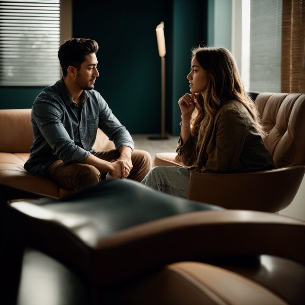 Como a Terapia de Casal Pode Ajudar a Resolver Conflitos - Casal em terapia conversando sobre suas emoções