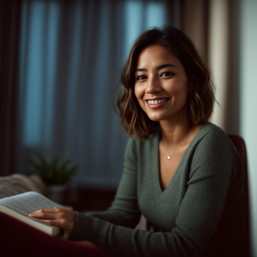 Como Lidar Com A Ansiedade No Dia A Dia - Uma mulher sorridente sentada em uma sala aconchegante com luz suave